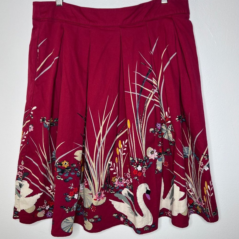Women's Pleated Swing Skirt XL Midi Maroon Swan Lily Pad Cotton Zip A-line Retro